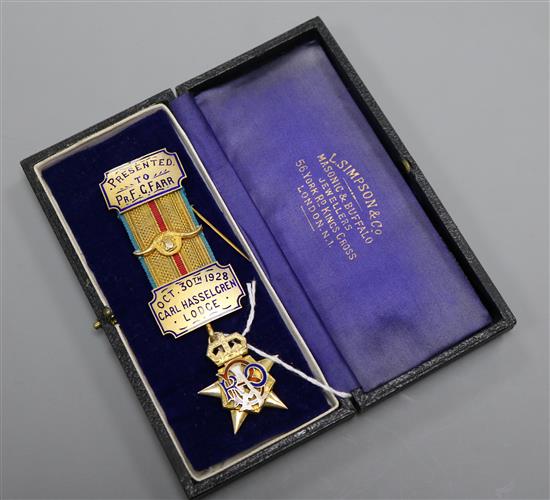 A silver-gilt Masonic badge presented to Prfg Farr October 30th 1938 Carl Hasselgren Lodge